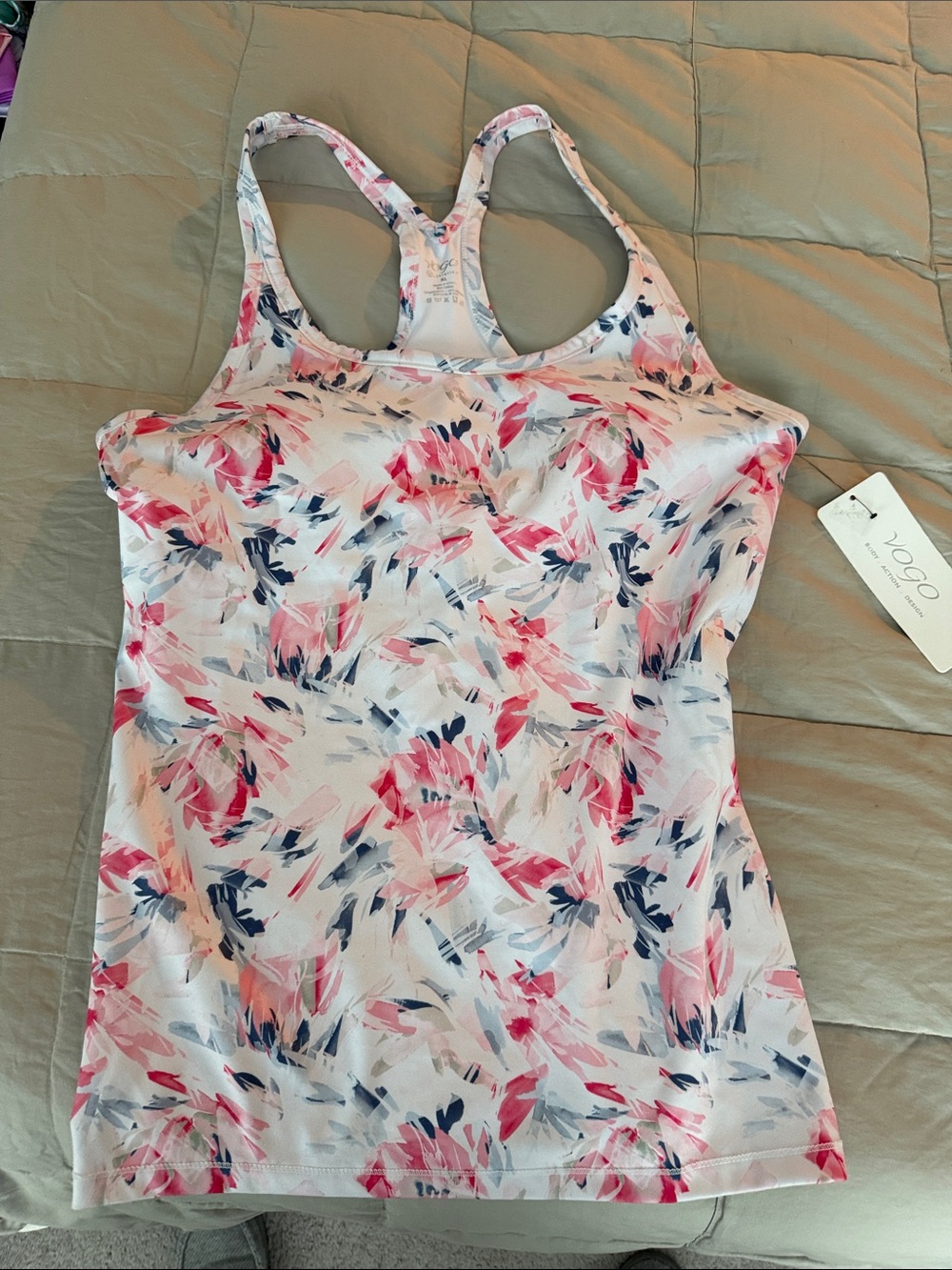 VOGO Women's Tank XL Coral Navy Floral Built In Bra Racerback Athletic Tennis